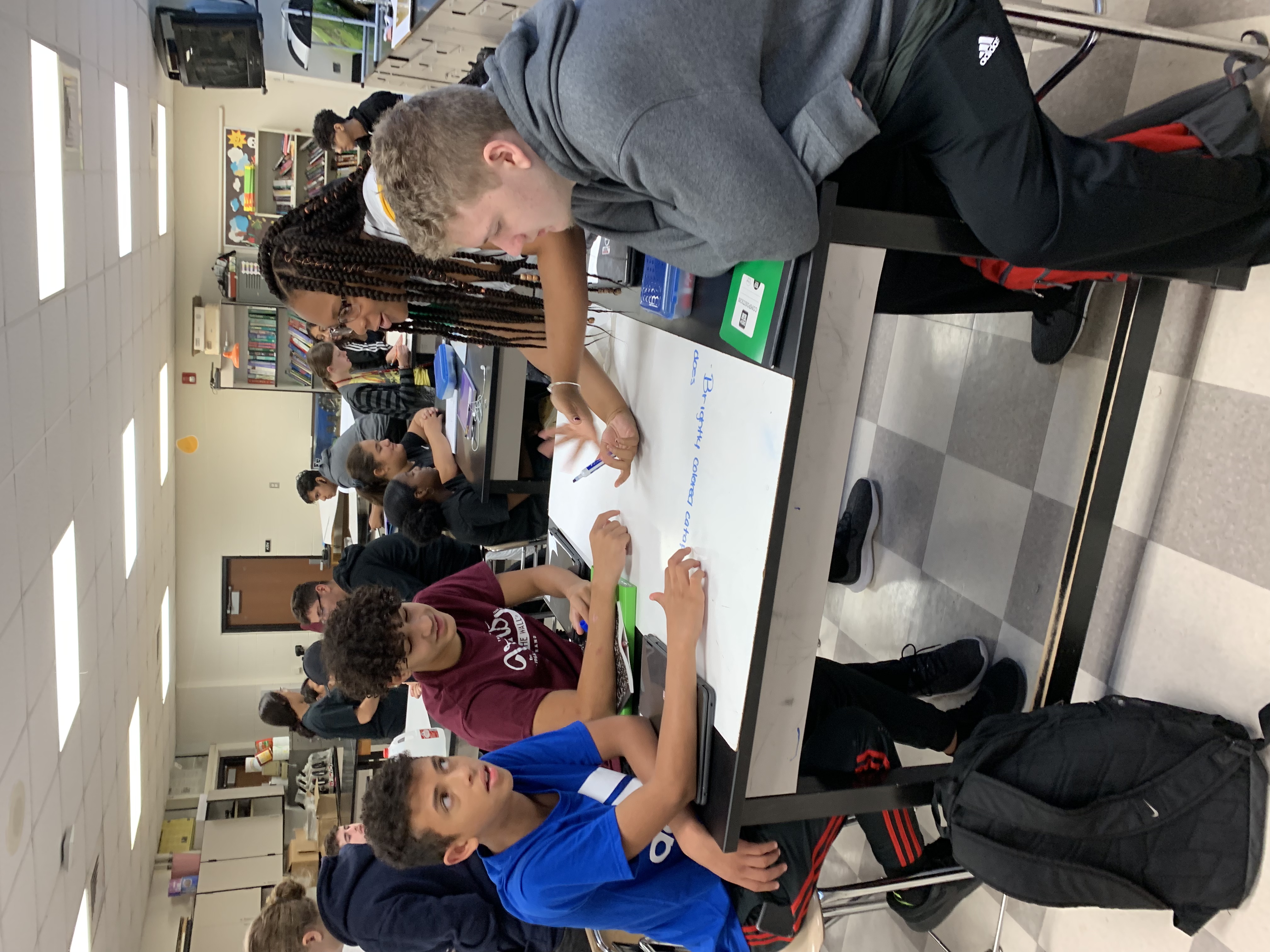Students seated at table discussing