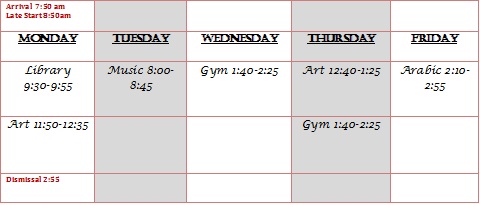 Mrs. Haidarah's Fourth Grade Class | Specials Schedule