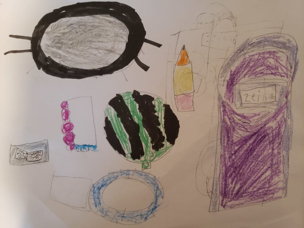 S drawing of several objects; a pencil, a watermelon, and cup, bowl, and a book.