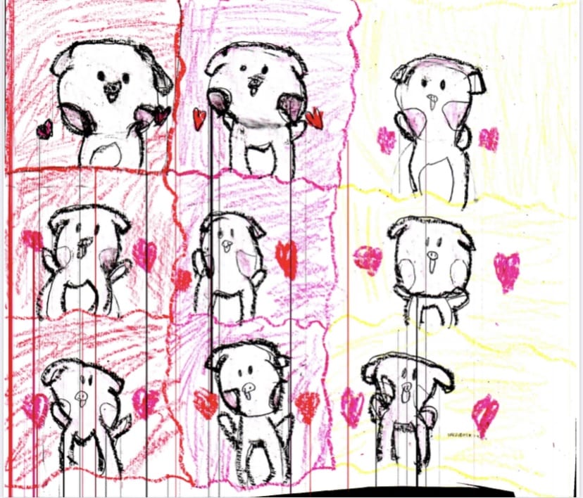 Here is a drawing that shows nine animals drawn with black marker, and colored around them with red and pink and pink hearts are also around the animals