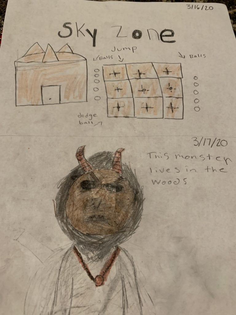 Here are two drawings, one shows a map of skyline and below it is a drawing of a monster that says "This monster lives in the woods."
