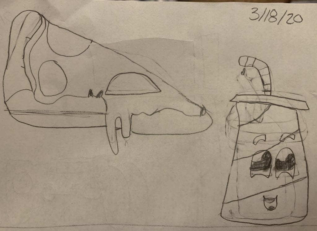 Here is a student drawing of a piece of pizza and a can of pop with a straw in it.