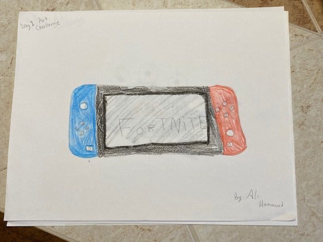 drawing of a hand-held video game that says fortnite