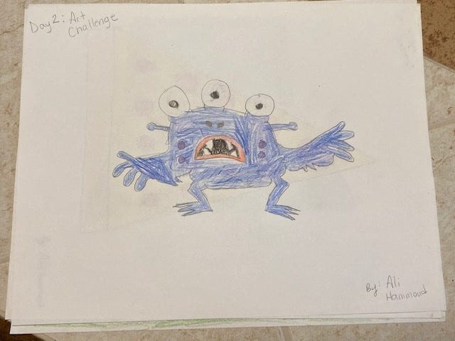 drawing of a blue, three-eyed monster