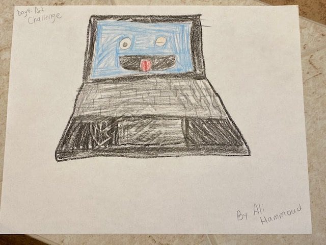 drawing of a laptop that has a winking face on the screen