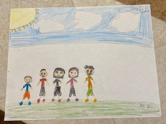 drawing of a family of 5 standing outside under the sun