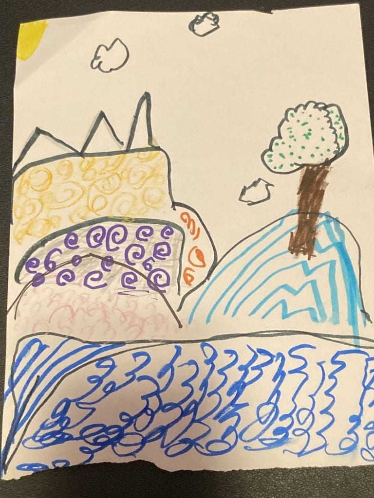 drawing of a landscape filled with patterns, the landscape has a tree, hills, mountains, clouds, and a sun. ALl of the parts have a different pattern of lines or shapes filling them.