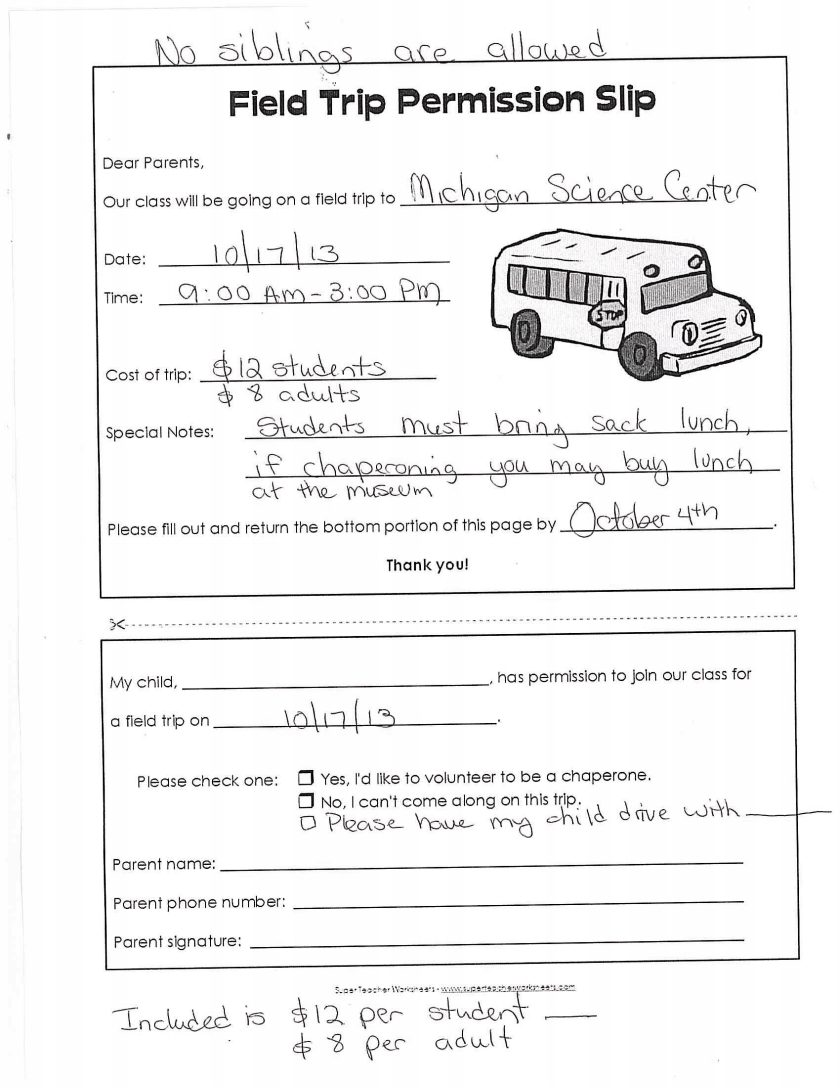 Template Field Trip Permission Slip