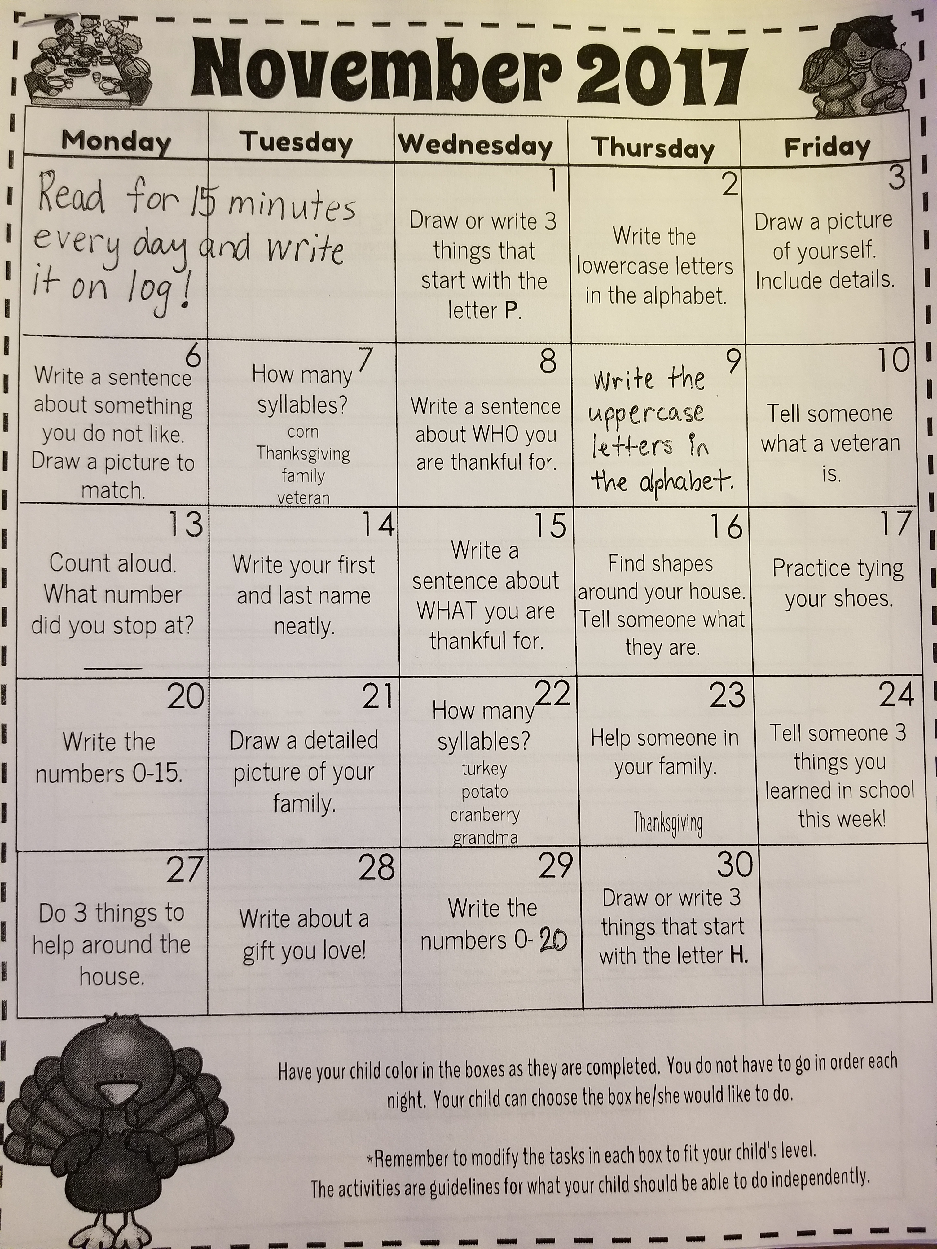 Calendar kindergarten printable image