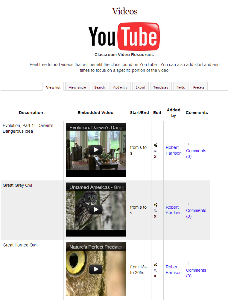 Youtube Video Gallery for Moodle Database Preset
