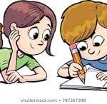 colorful illustration of boy and girl writing in a book