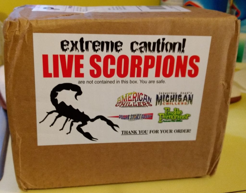 image of a package Extreme Caution! Live Scorpions are not contained in this box, from American Chillers author Rand.