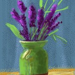 Purple flowers in a green-and-rose vase on a blue background