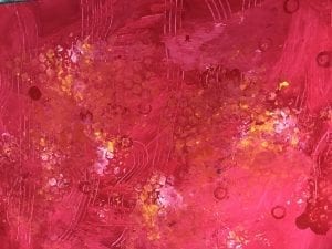 Example of painted paper that has colors painted bubble wrap and circles stamped on top, and lines drawn into the paint with a fork