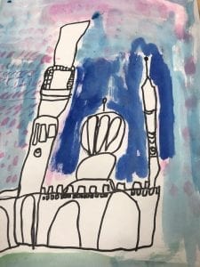 watercolor painting and a sharpie drawing of a mosque