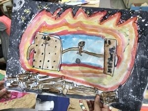 a student painting of a graham cracker and a hershey's chocolate bar standing in front of a fire, they are both reaching out and holding a marshmallow. There is a night time sky around the fire and more marshmallows on sticks on the ground