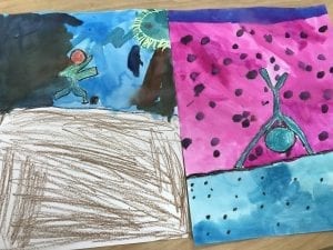 two bubble people paintings; one has someone running and the other has a handstand