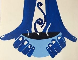 painting of two hands holding a bowl of soup