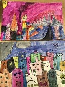 After drawing their buildings, they painted them with watercolor paints. Here are two student paintings; they have several buildings with different faces and details in various colors