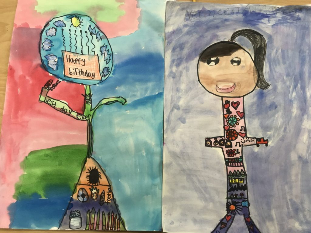 These are two student paintings; they are both colorful and show the outline of a body with small objects drawn inside of the bodies. Some of the objects include: music notes, cars, a soccer ball, a sun, and people smiling.
