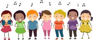 Cartoon students standing in a row and singing