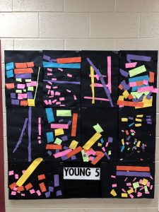 Construction paper line collages by Young 5 students