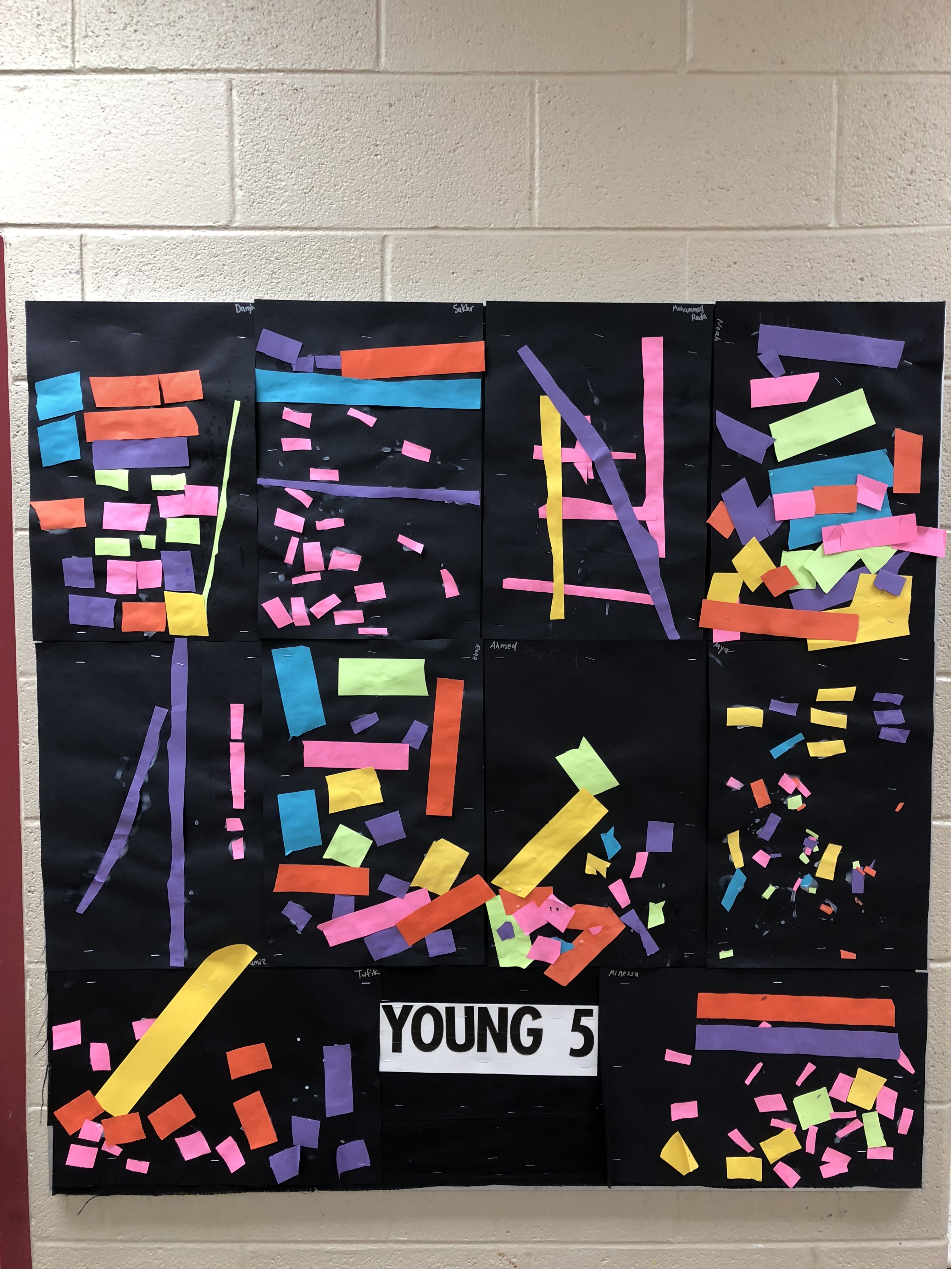 Construction paper line collages by Young 5 students