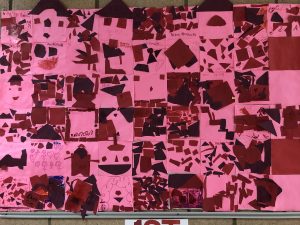 First Grade Paper Quilt Squares with red and pink construction paper