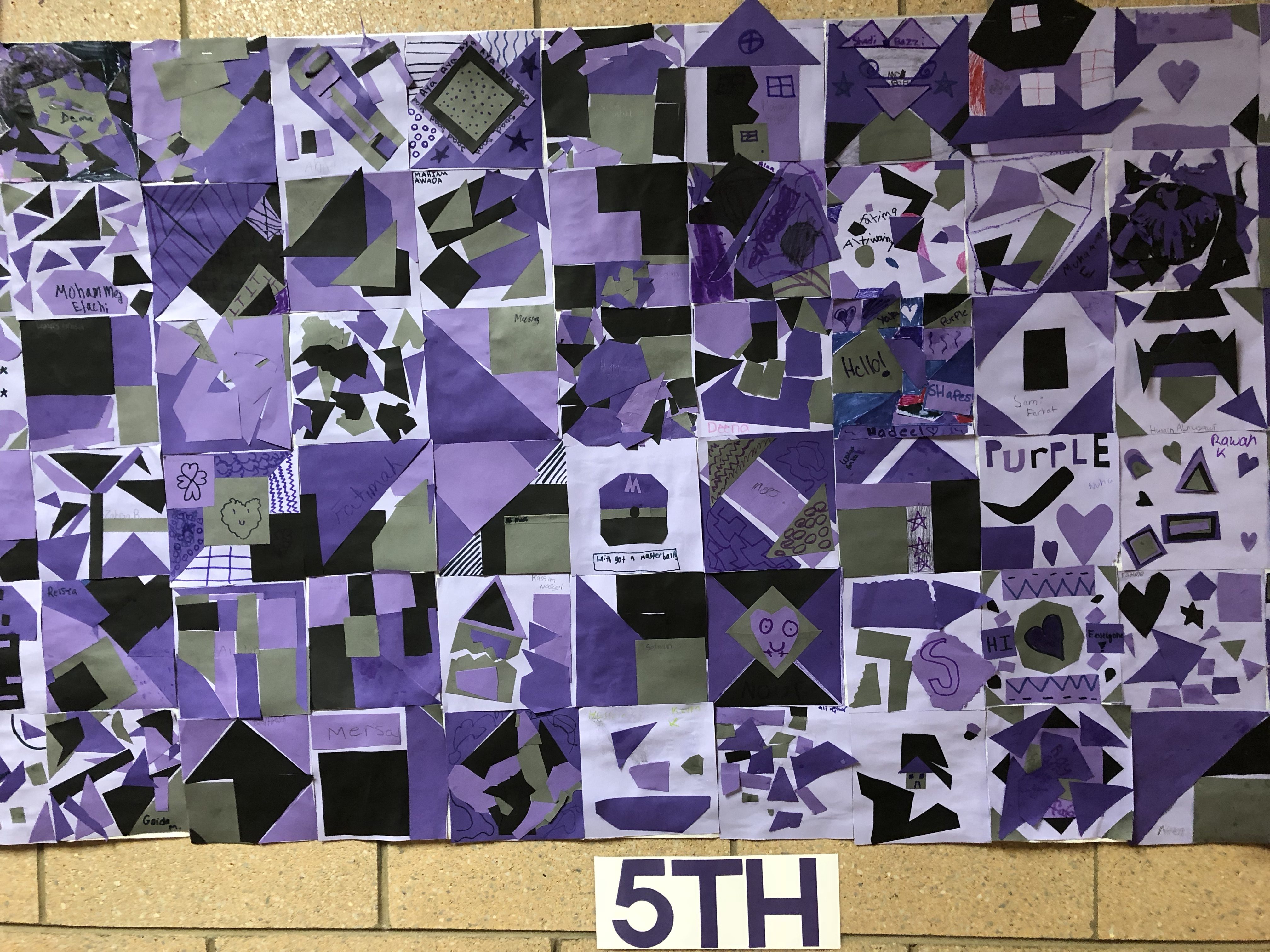 Fifth grade paper quilt squares using purple, gray, and black construction paper