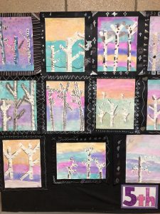birch tree paintings made by 5th grade students
