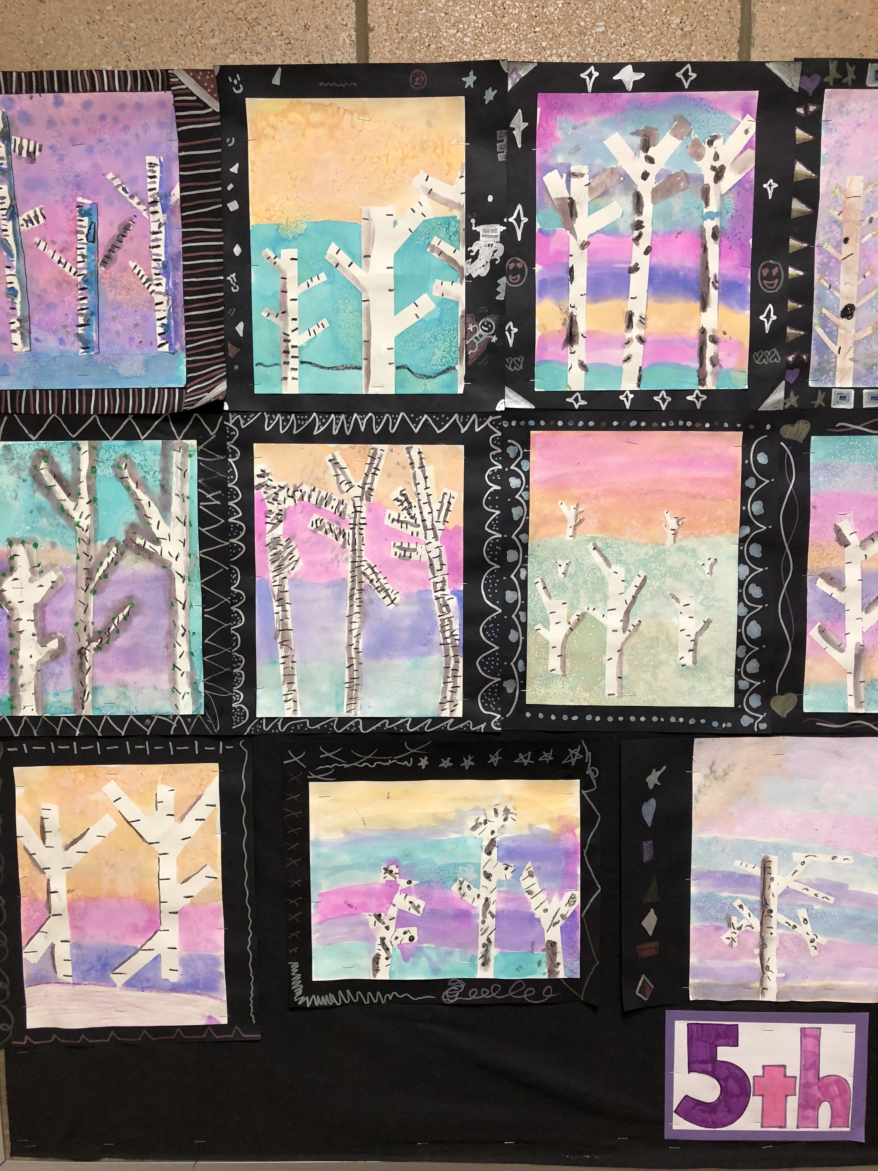 birch tree paintings made by 5th grade students