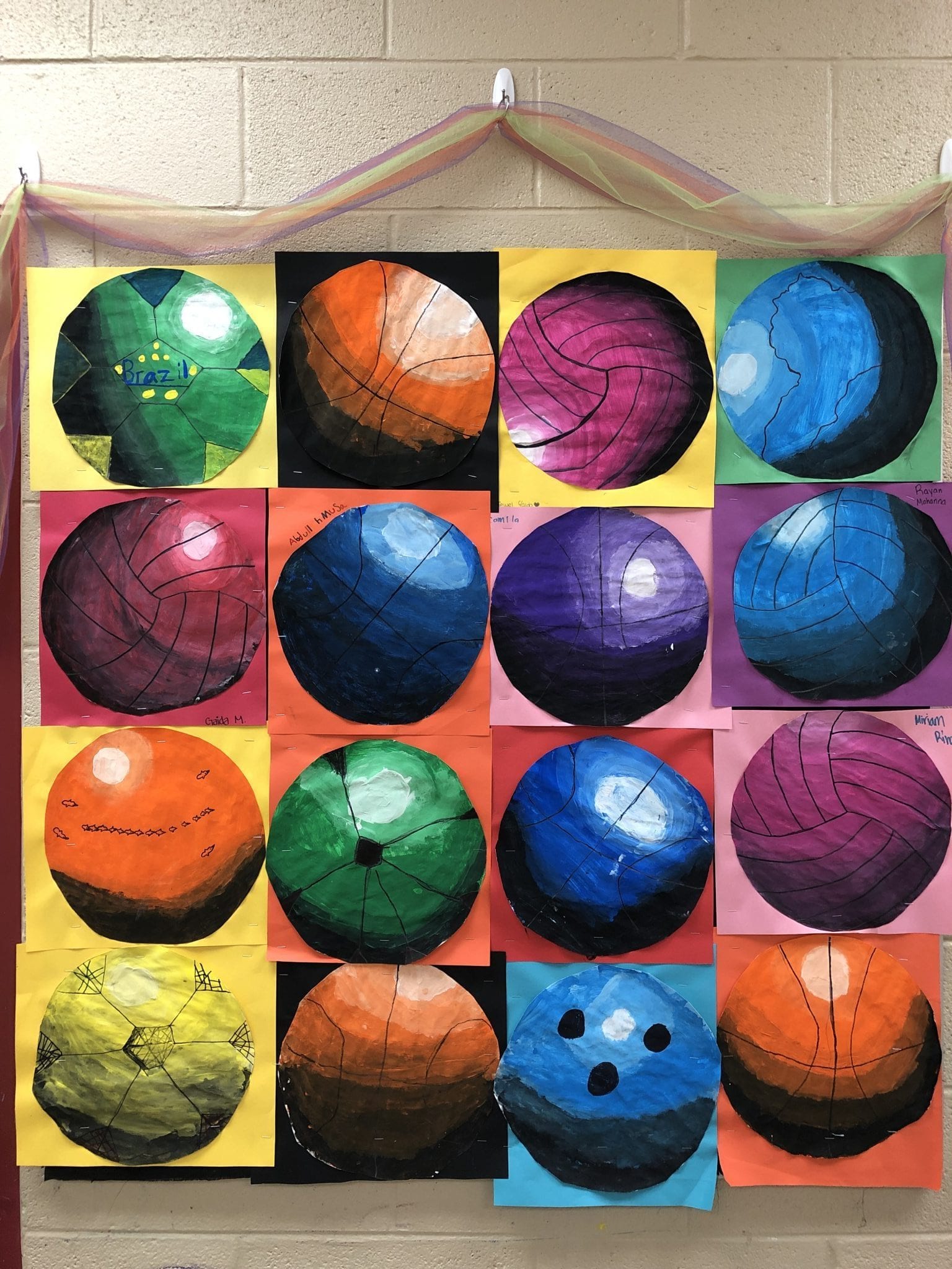 painting of a sphere with details drawn on top to look like a sports ball or other spherical object