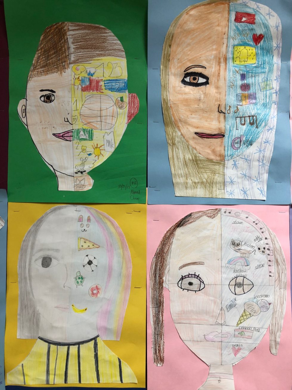 5th grade self portraits half of portrait is realistic showing the face and the other half shows drawings of students' interests
