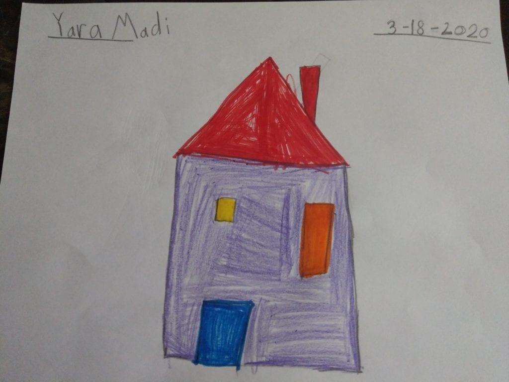 house drawing with blue door, orange and yellow windows