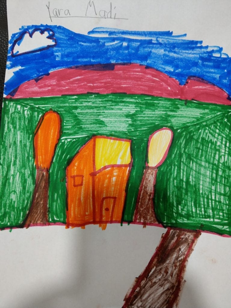 landscape drawing made with marker showing a house, 2 trees, green middleground, and blue background