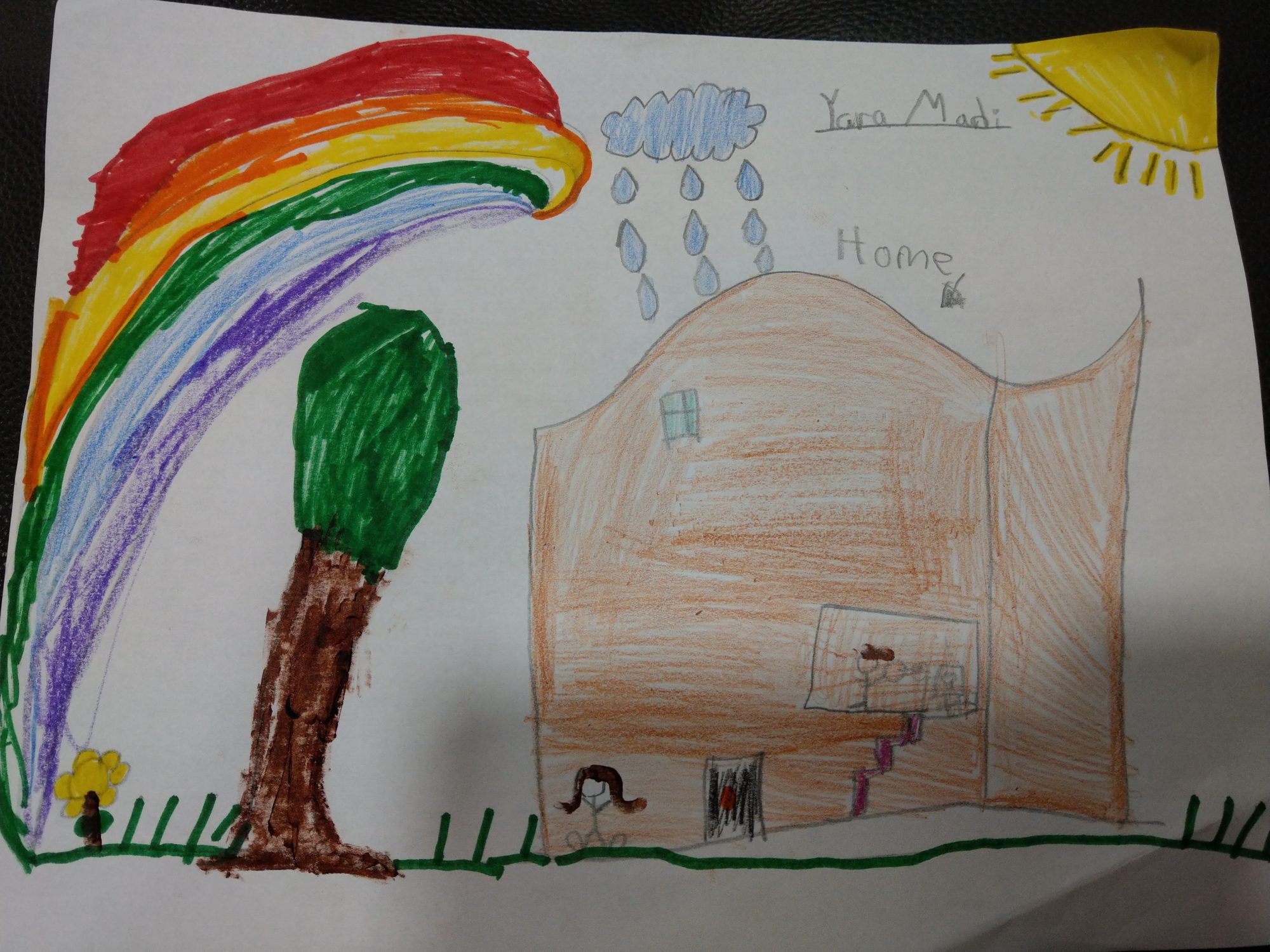 drawing of a house with a rainbow, tree, flowers, sun, and rain