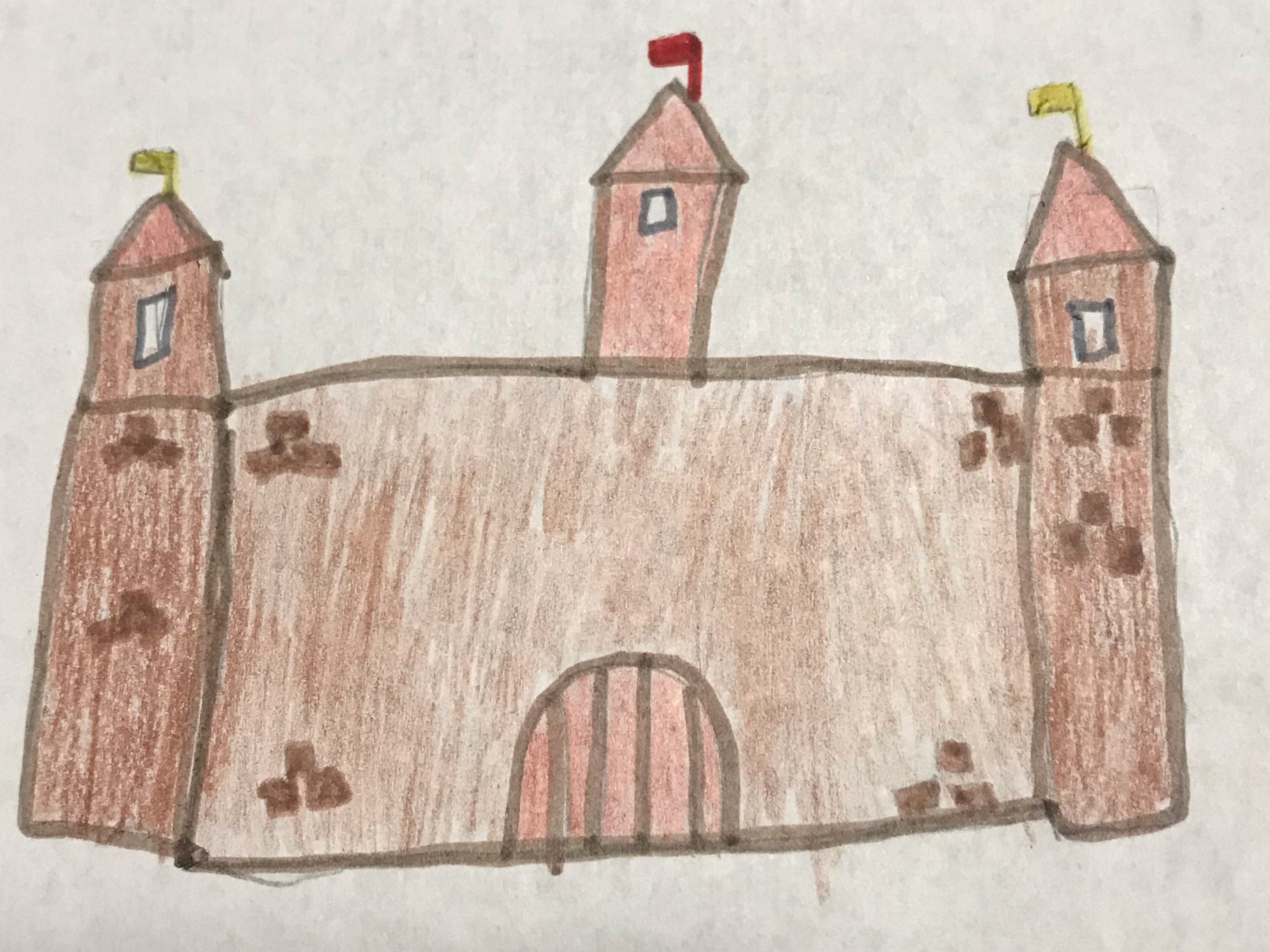 drawing of castle with two towers and colored brown