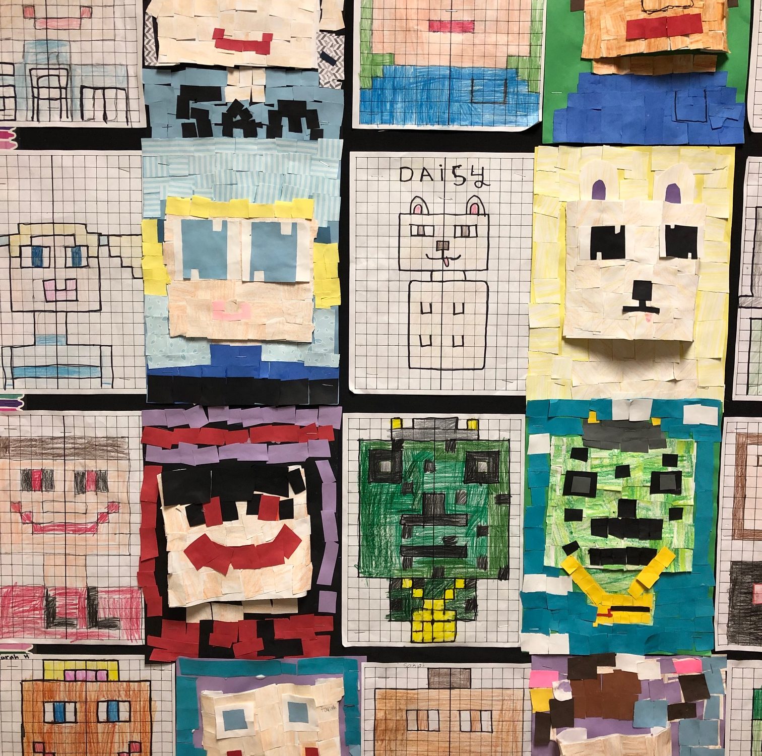 minecraft style portraits using blocks or pixels drawn portraits on graph paper and construction paper portraits made up of construction paper blocks