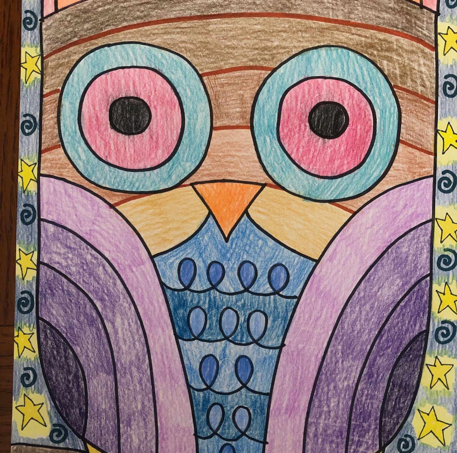 colored pencil drawing of an owl sitting on a branch with a night sky background
