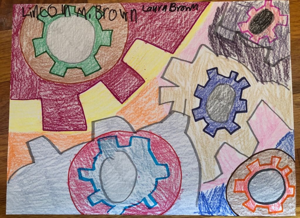 line drawing of gears in multiple colors