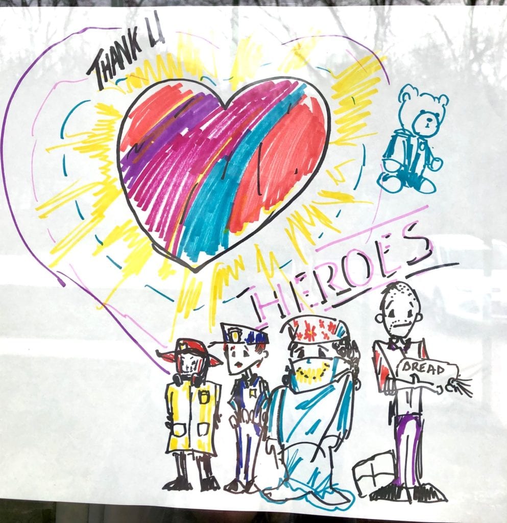 drawing of heart with drawings of firefighter, police officer, doctor, and grocery store worker