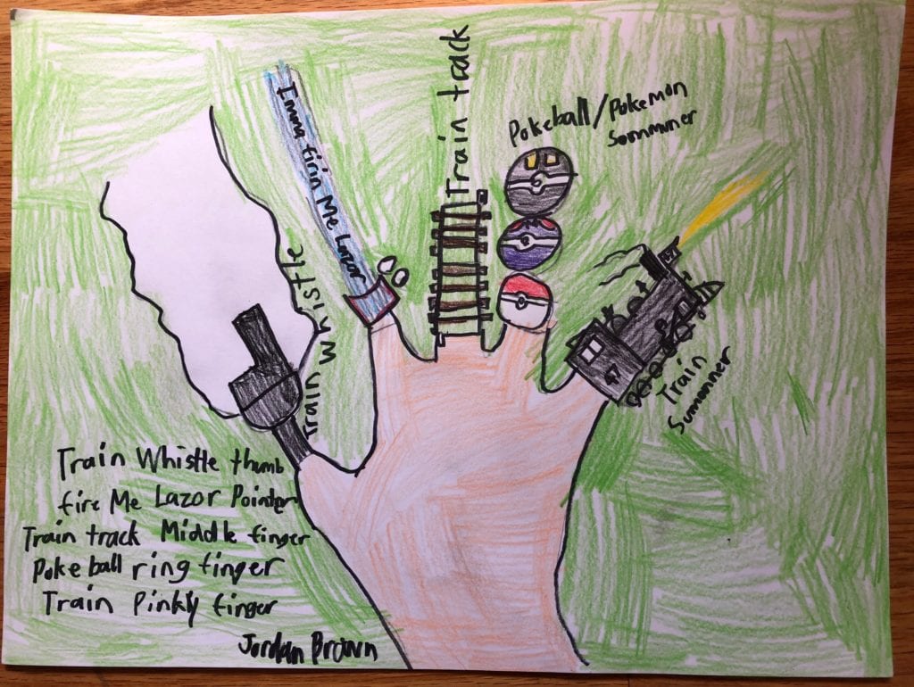 traced hand drawing with train tracks, a train whistle, model train, pokeballs, and a siren instead of fingers