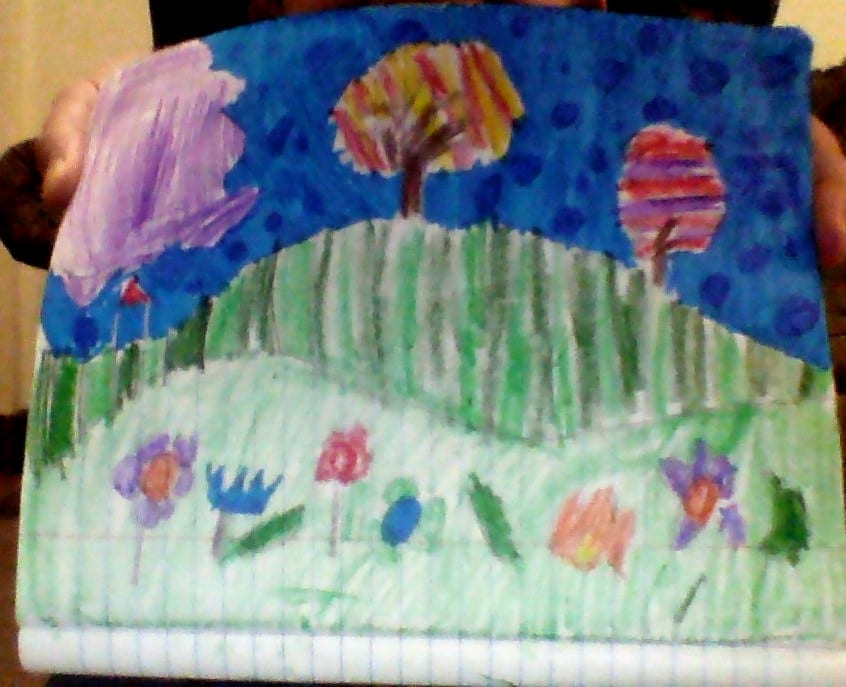 landscape drawing of trees, striped grass, and colorful spring flowers