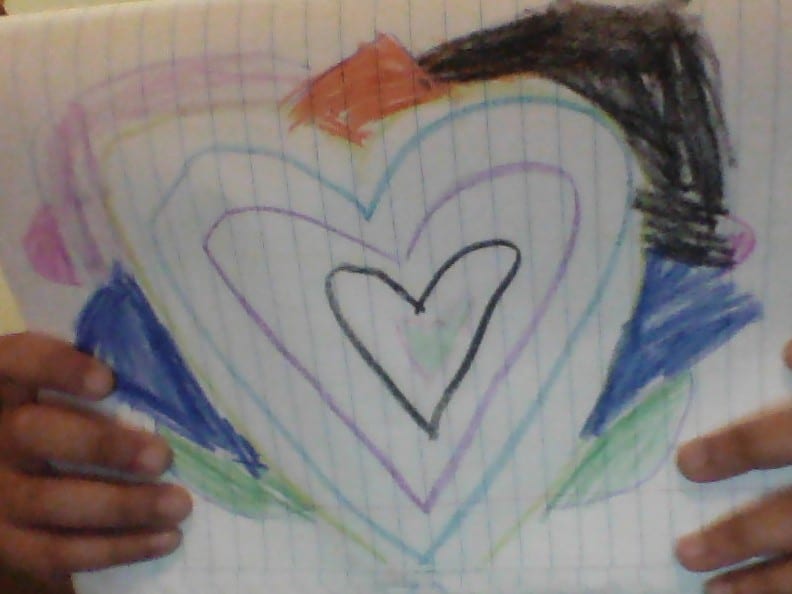 drawing of a heart of different sizes with colored triangles around them