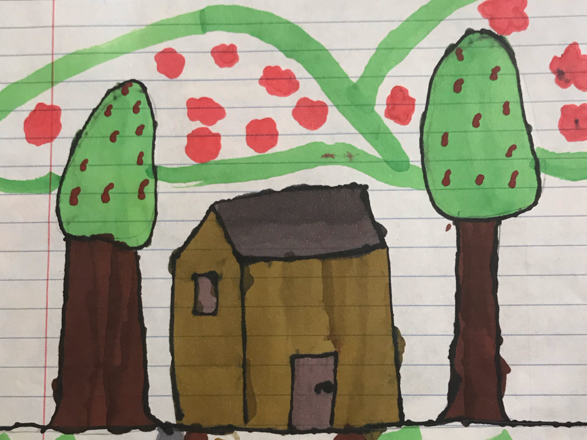 landscape drawing showing a house, mountains, two trees, and a pathway from the house