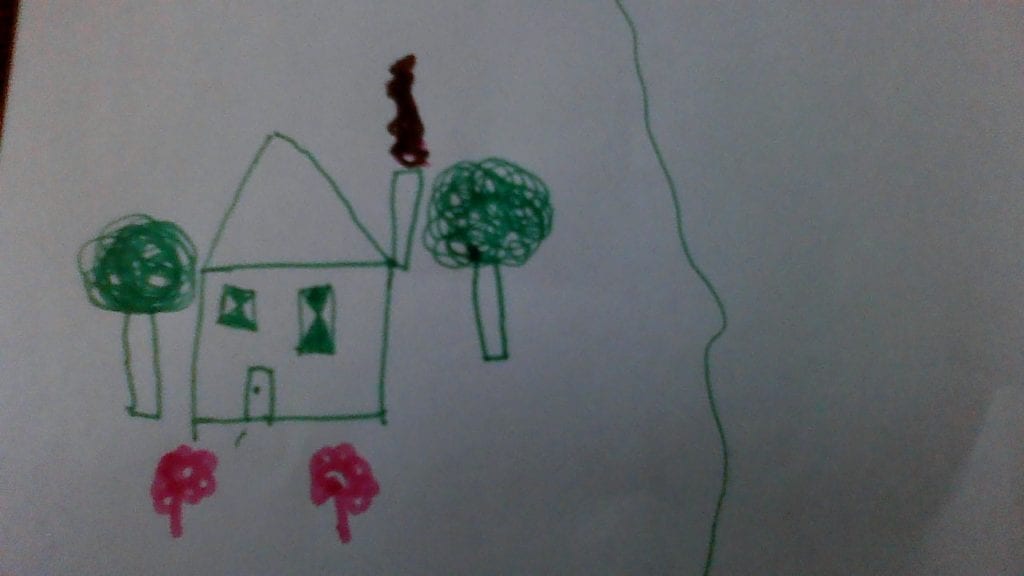 marker drawing of a house with two trees