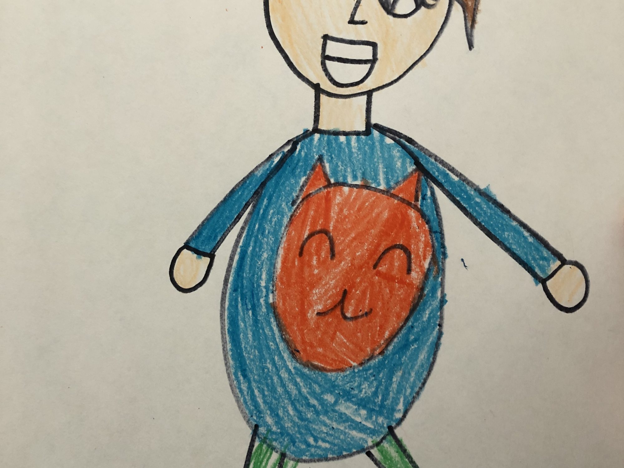 drawing of a girl with a ponytail and a cat on her shirt