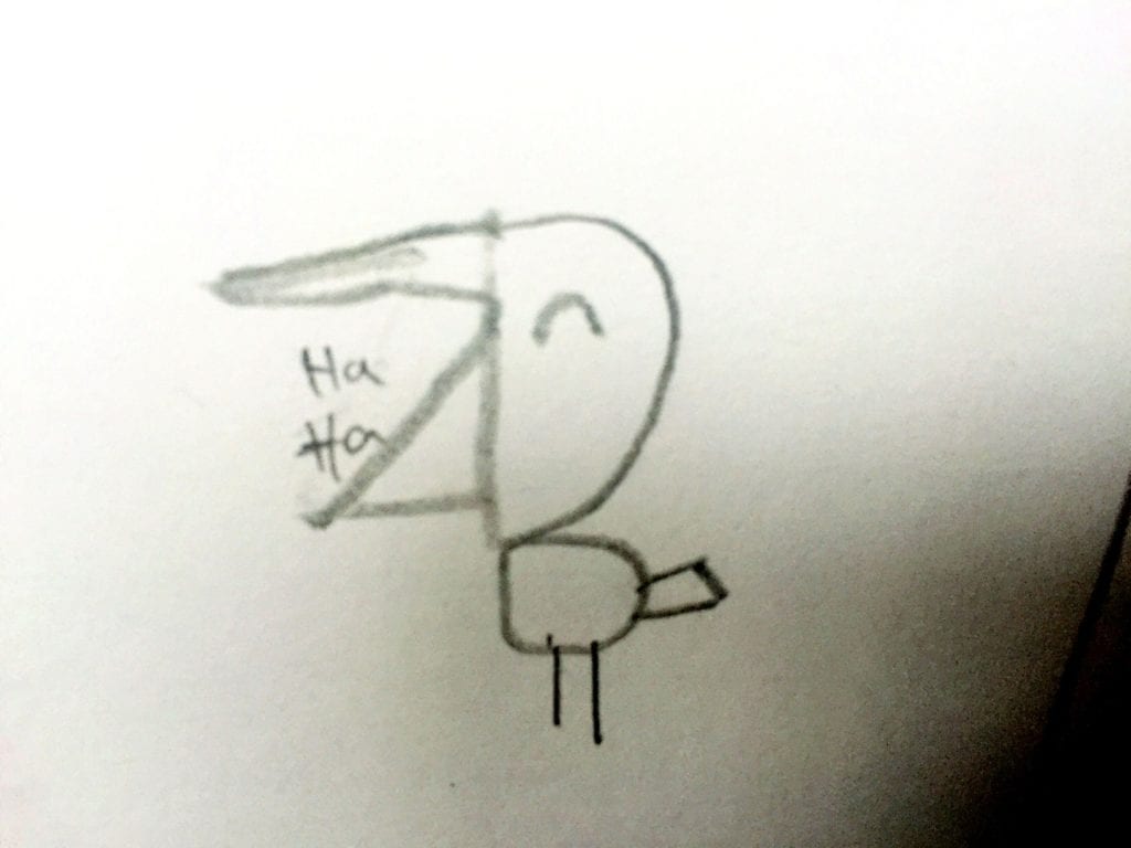 pencil drawing of a bird laughing with large open beak
