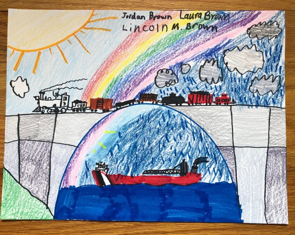 drawing of a bridge with a train on top and a ship underneath in the water