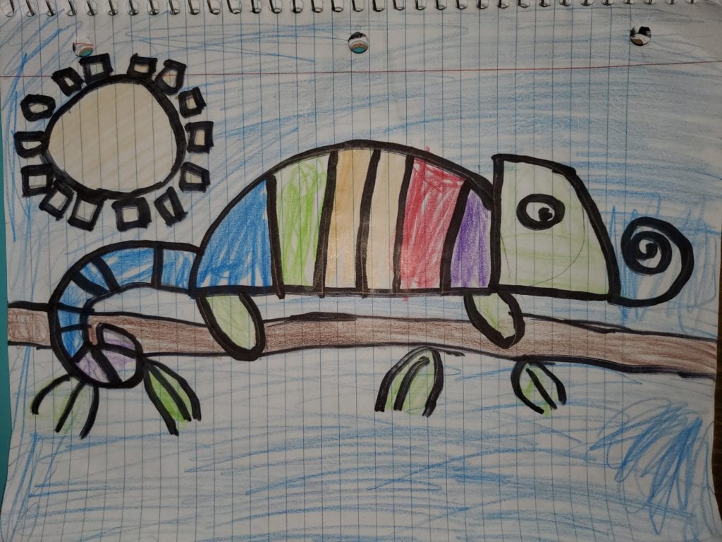 rainbow chameleon drawing on a branch